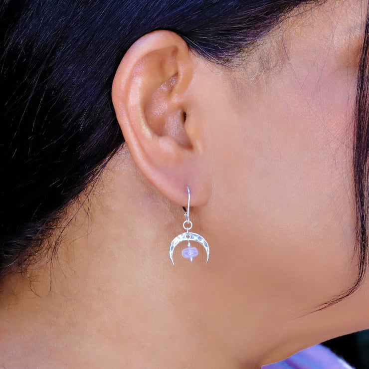 Moonrise - Moonstone Silver Crescent Moon Earrings life style image | Breathe Autumn Rain Artisan Jewelry