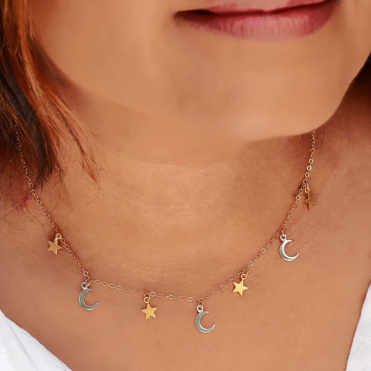 Moonstruck - Celestial Mixed Metal Charm Necklace life style image | Breathe Autumn Rain Artisan Jewelry