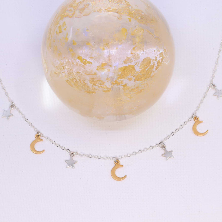 Moonstruck - Celestial Mixed Metal Charm Silver Necklace image | Breathe Autumn Rain Artisan Jewelry