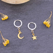 Moonstruck - Celestial Mixed Metal Huggies Hoop Earrings alt image | Breathe Autumn Rain Artisan Jewelry