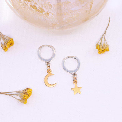 Moonstruck - Celestial Mixed Metal Huggies Hoop Earrings main image | Breathe Autumn Rain Artisan Jewelry