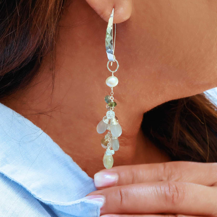 Mukayu - Moonstone and Aquamarine Silver Earrings life style image | Breathe Autumn Rain Artisan Jewelry