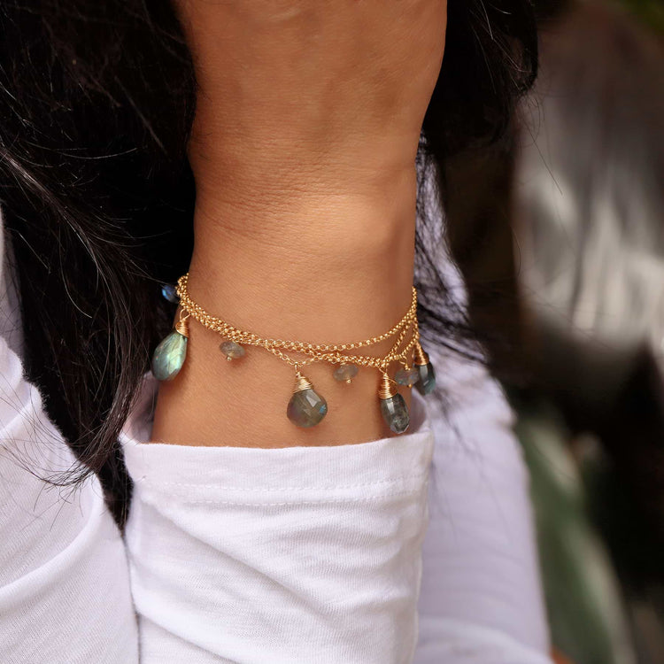 Munich - Labradorite Gold Charm Bracelet life style image | Breathe Autumn Rain Artisan Jewelry