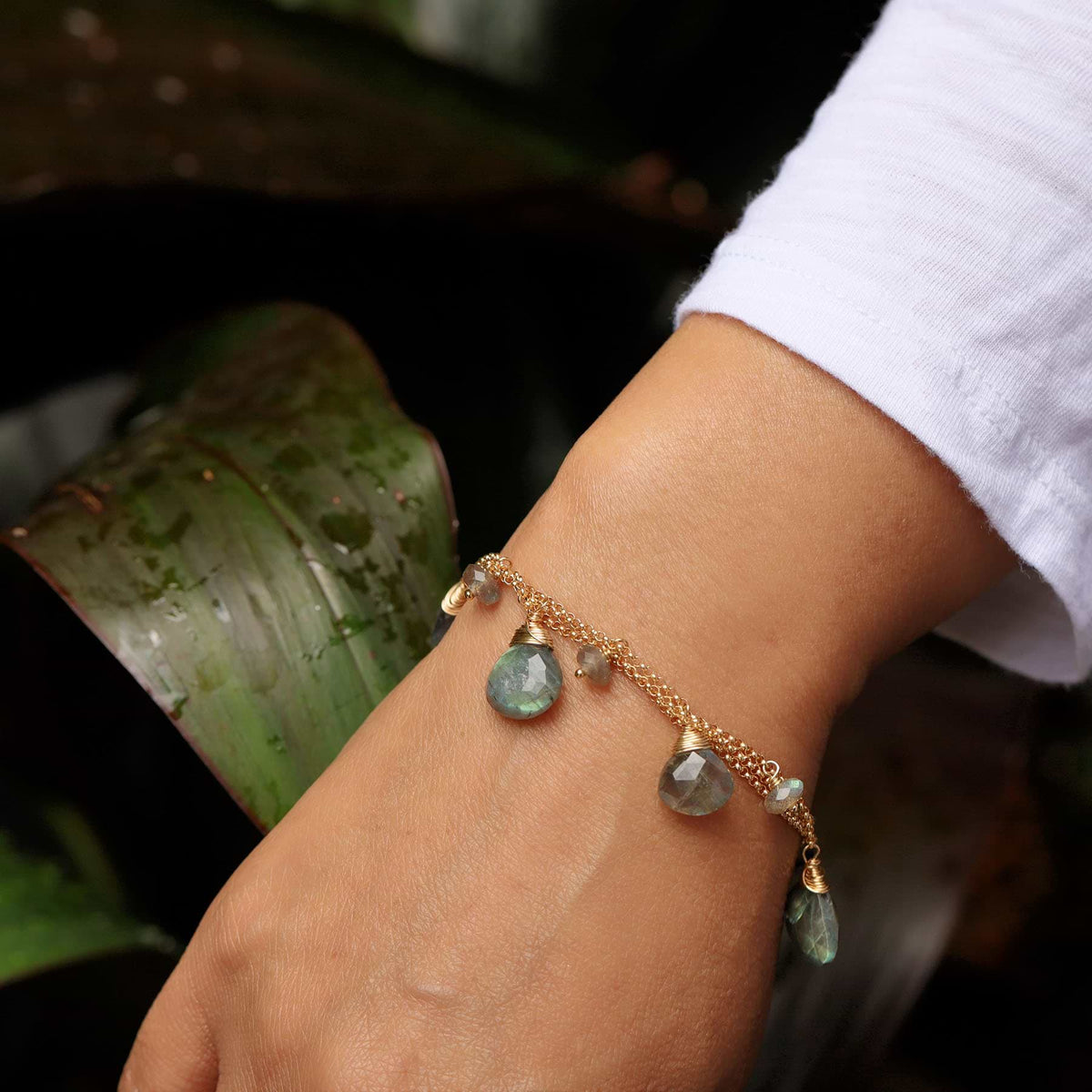 Munich - Labradorite Gold Charm Bracelet life style image | Breathe Autumn Rain Artisan Jewelry