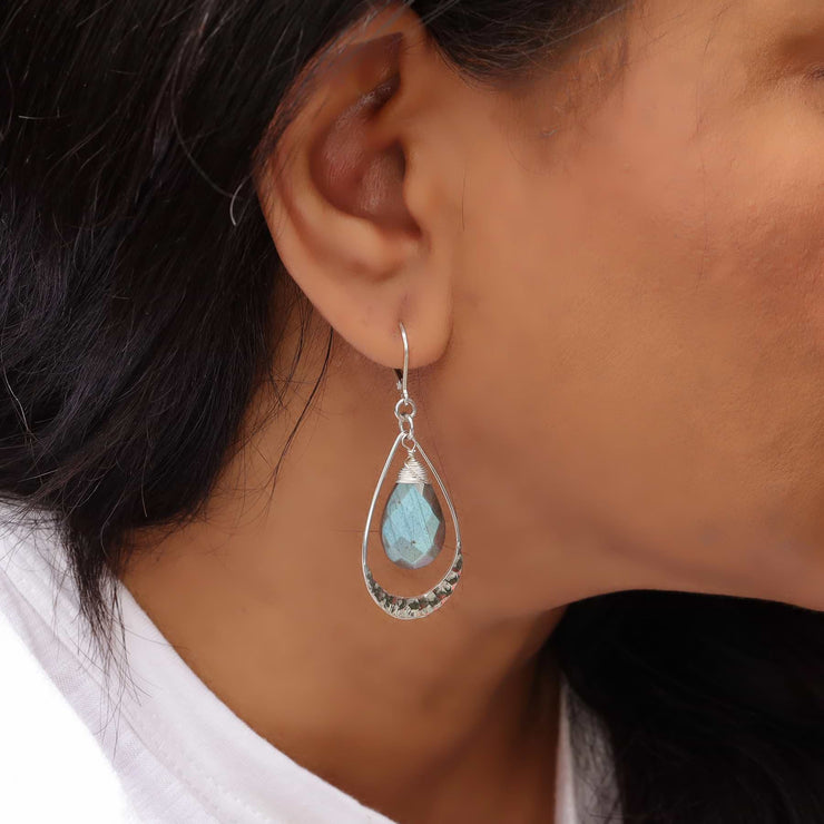 Natural Aquamarine Hammered Silver Earrings - life style image | Breathe Autumn Rain Artisan Jewelry