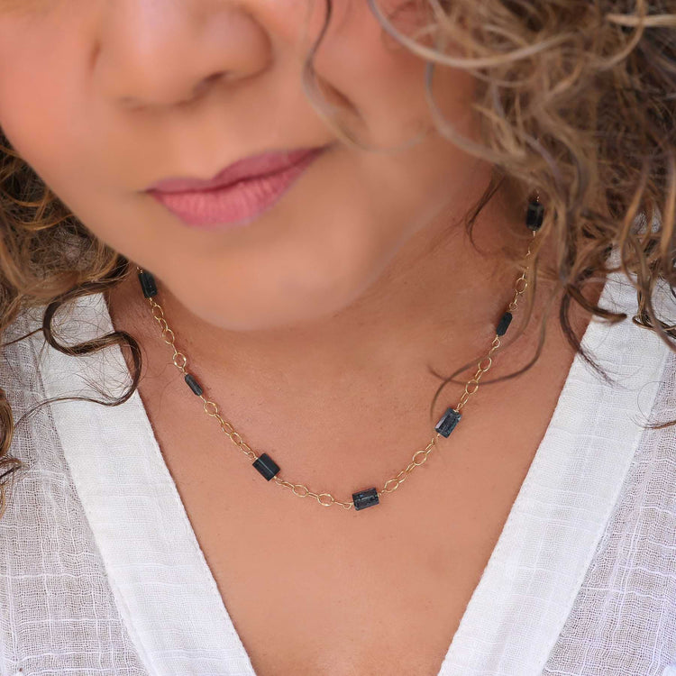 Navy - Kyanite Gold Necklace lifestyle image | Breathe Autumn Rain Artisan Jewelry