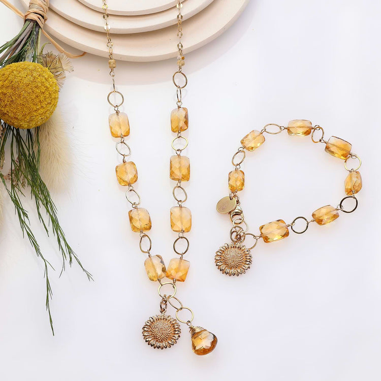 November Sun - Citrine and Sunflower Pendant Gold Bracelet and Necklace set main image | Breathe Autumn Rain Artisan Jewelry