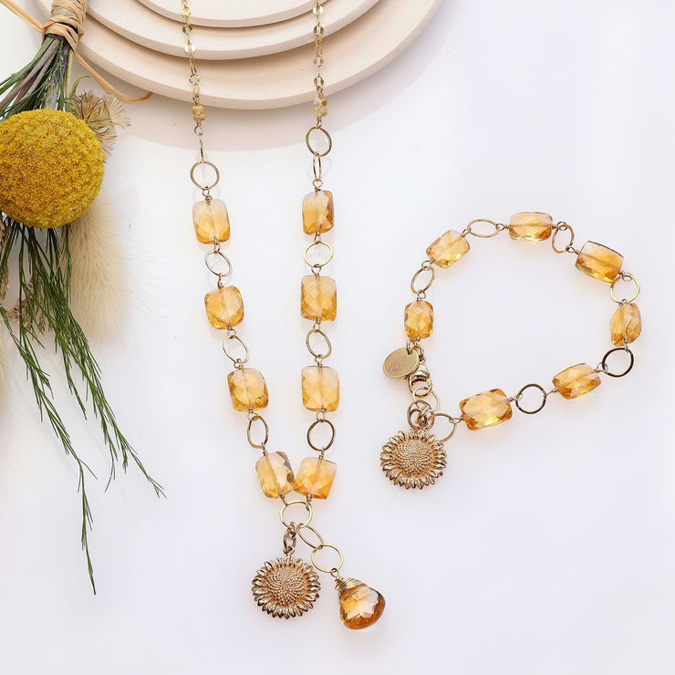 November Sun - Citrine and Sunflower Pendant Gold Bracelet and Necklace Set main image | Breathe Autumn Rain Artisan Jewelry