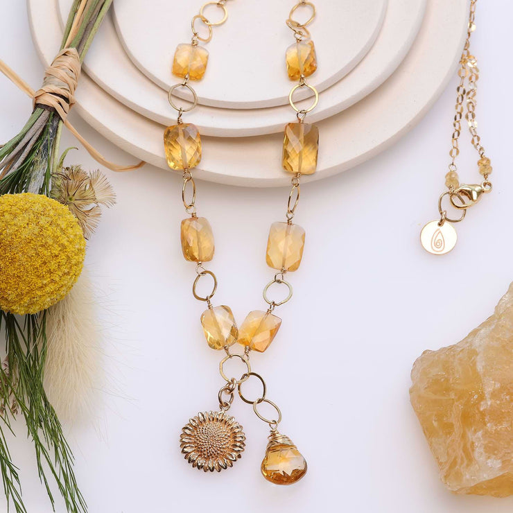 November Sun - Citrine and Sunflower Pendant Gold Necklace alt image | Breathe Autumn Rain Artisan Jewelry