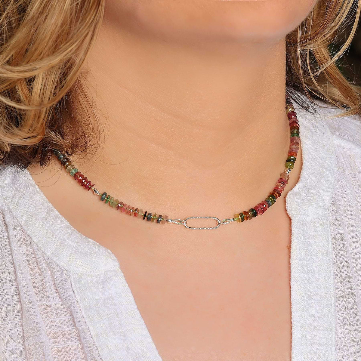 Olivos - Multi Tourmaline Bar Necklace life style image | Breathe Autumn Rain Artisan Jewelry