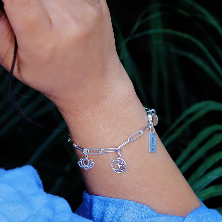 Om Yoga Spirit - Sterling Silver Charm Bracelet life style image | Breathe Autumn Rain Artisan Jewelry