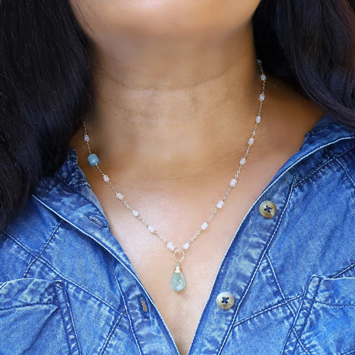 On A Clear Day - Aquamarine and Moonstone Necklace - life style image | Breathe Autumn Rain Artisan Jewelry