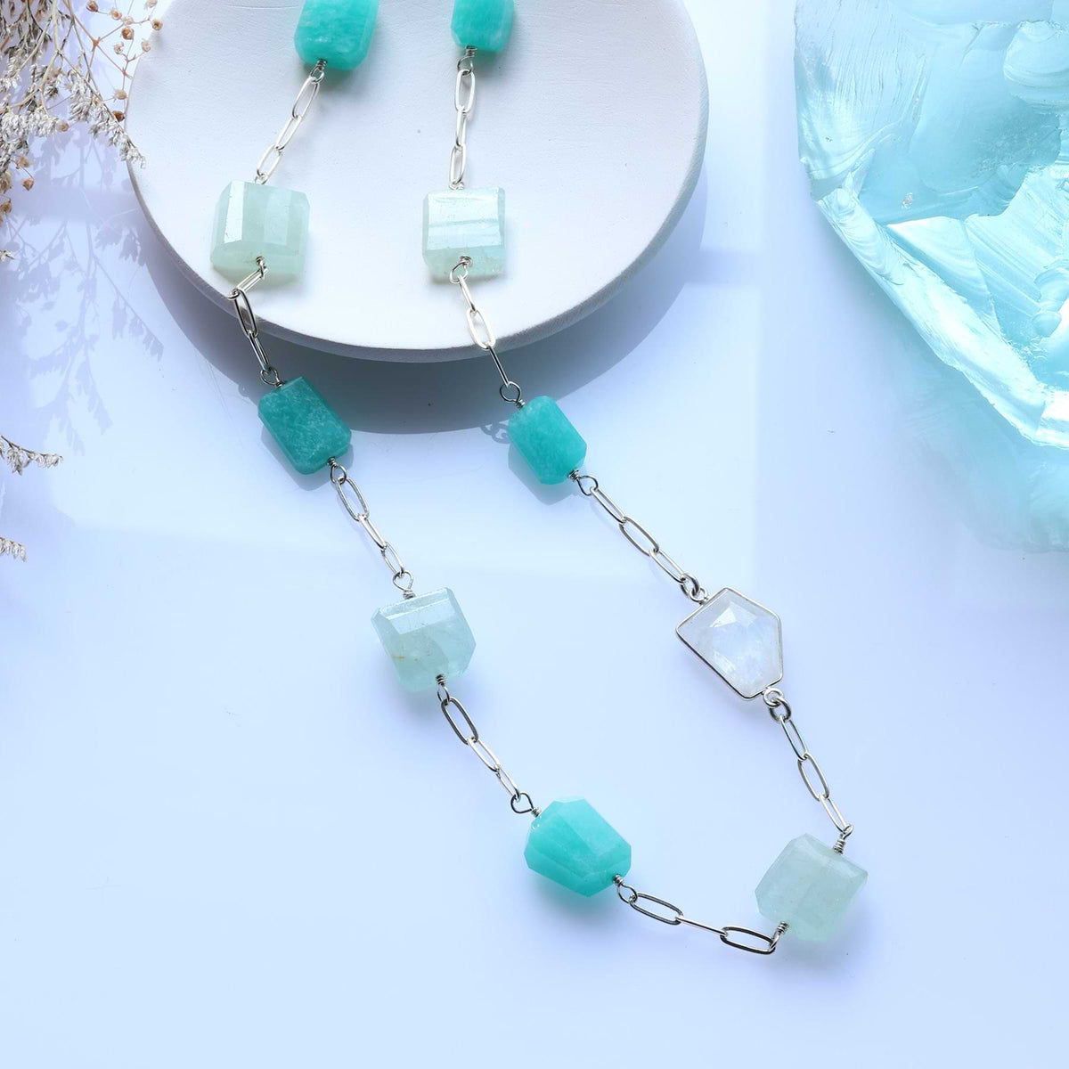 On Vacation - Chunky Aquamarine, Amazonite and Moonstone Necklace life style main image | Breathe Autumn Rain Artisan Jewelry alt image | Breathe Autumn Rain Artisan Jewelry