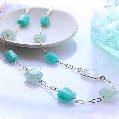 On Vacation - Chunky Aquamarine, Amazonite and Moonstone Necklace life style main image | Breathe Autumn Rain Artisan Jewelry main image | Breathe Autumn Rain Artisan Jewelry