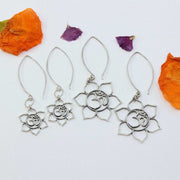 Sterling Silver Lotus Blossom with Sanskrit Om Symbol Drop Earrings - Large and Small image | Breathe Autumn Rain Artisan Jewelry