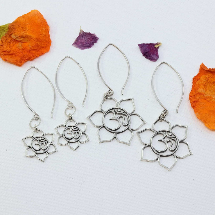 Sterling Silver Lotus Blossom with Sanskrit Om Symbol Drop Earrings - Small and Large image | Breathe Autumn Rain Artisan Jewelry