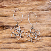 Sterling Silver Lotus Blossom with Sanskrit Om Symbol Drop Earrings - Large main image | Breathe Autumn Rain Artisan Jewelry