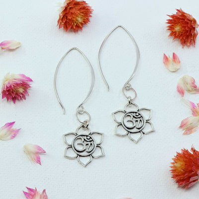 Sterling Silver Lotus Blossom with Sanskrit Om Symbol Drop Earrings - Small - alt image | Breathe Autumn Rain Artisan Jewelry