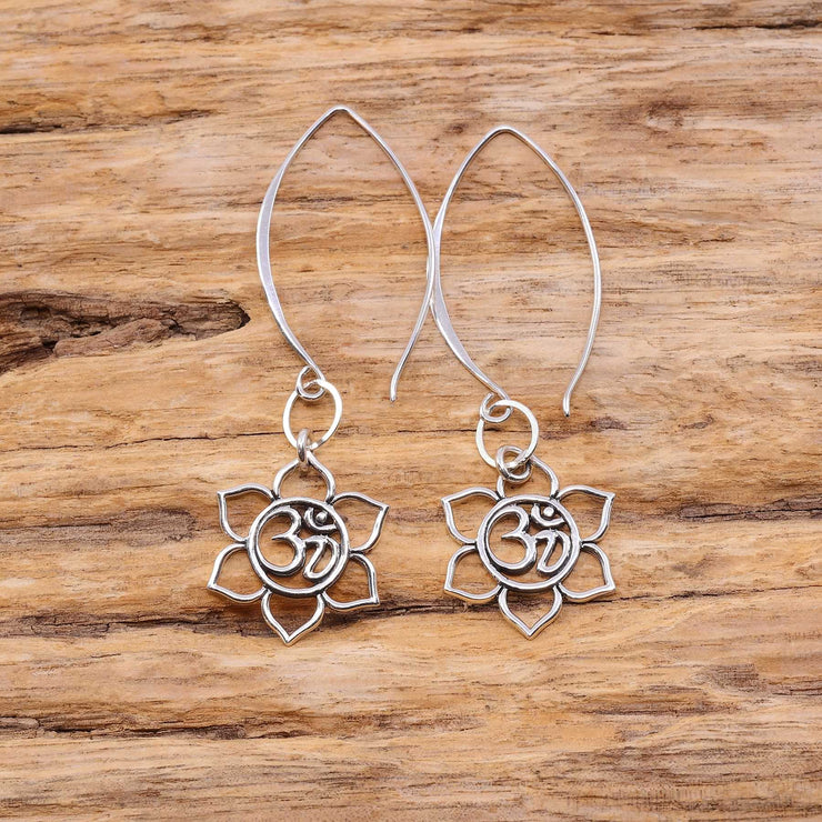 Sterling Silver Lotus Blossom with Sanskrit Om Symbol Drop Earrings - Small - main image | Breathe Autumn Rain Artisan Jewelry