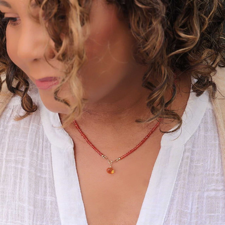 Orange Burst - Padparadscha Necklace lifestyle image | Breathe Autumn Rain Artisan Jewelry
