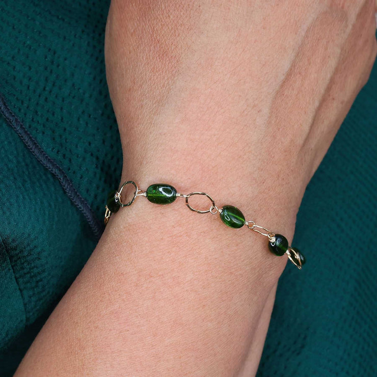 Palm Leaf - Chrome Diopside Gold Bracelet life style image | Breathe Autumn Rain Artisan Jewelry