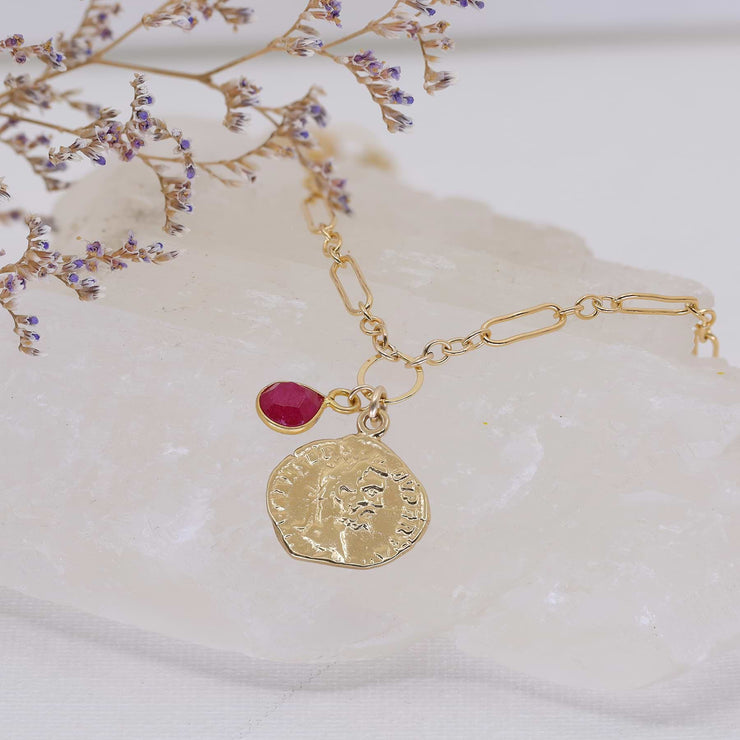 Paros - Ancient Coin Ruby Gold Box Chain Necklace alt image | Breathe Autumn Rain Artisan Jewelry