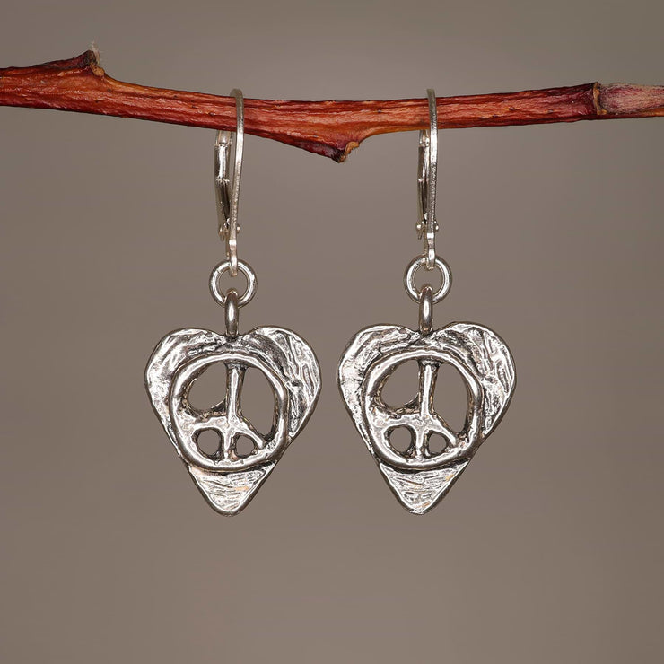 Peace Within - Heart-Shaped Silver Peace Symbol Earrings alt image | Breathe Autumn Rain Artisan Jewelry