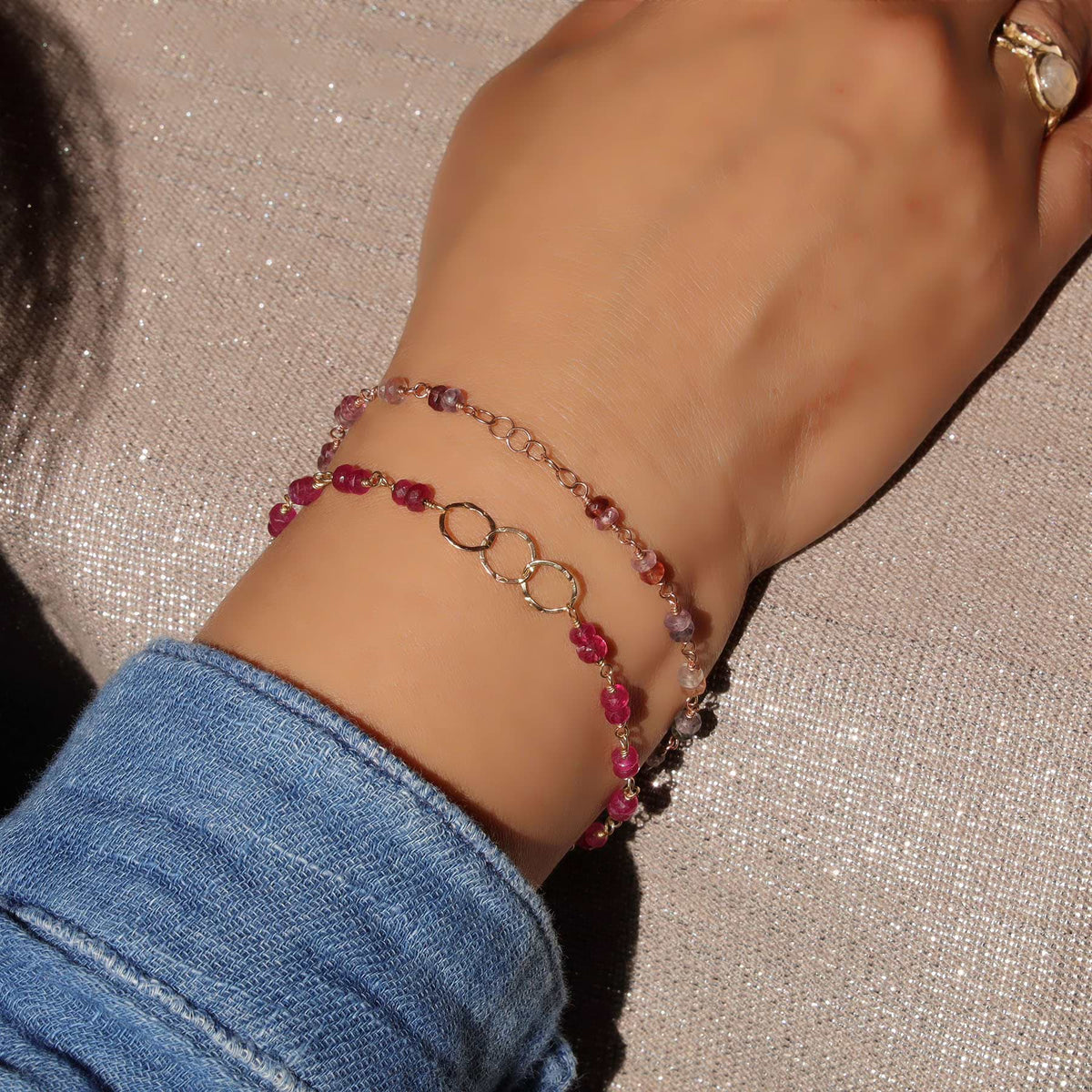 Petals in Bloom - Pink Sapphire Bracelet life style image | Breathe Autumn Rain Artisan Jewelry
