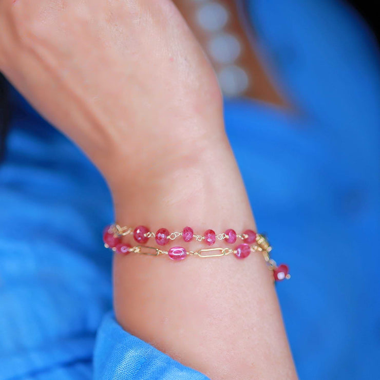 Plumeria - Pink Sapphire Gold Bracelet life style image | Breathe Autumn Rain Artisan Jewelry