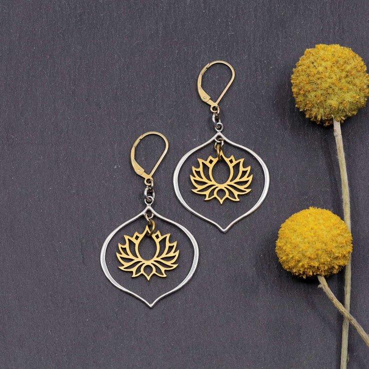 Proudest Bloom - Silver and Gold Mix Metal Lotus Chandelier Earrings