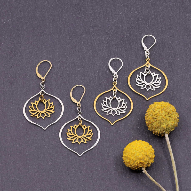 Proudest Bloom - Silver and Gold Mix Metal Lotus Chandelier Earrings - main image | Breathe Autumn Rain Artisan Jewelry