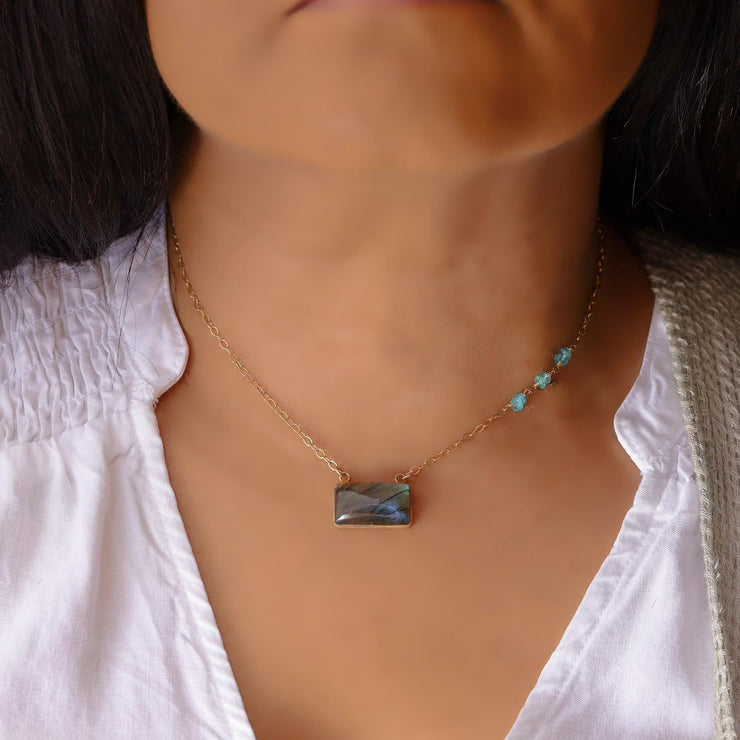 Quebec - Labradorite Bar Necklace life style image | Breathe Autumn Rain Artisan Jewelry