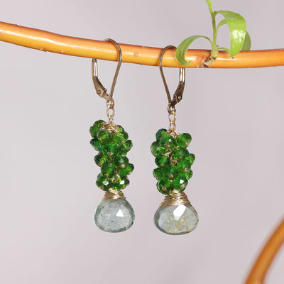 Rainmaker - Aquamarine and Chrome Diopside Cluster Gold Earrings main image | Breathe Autumn Rain