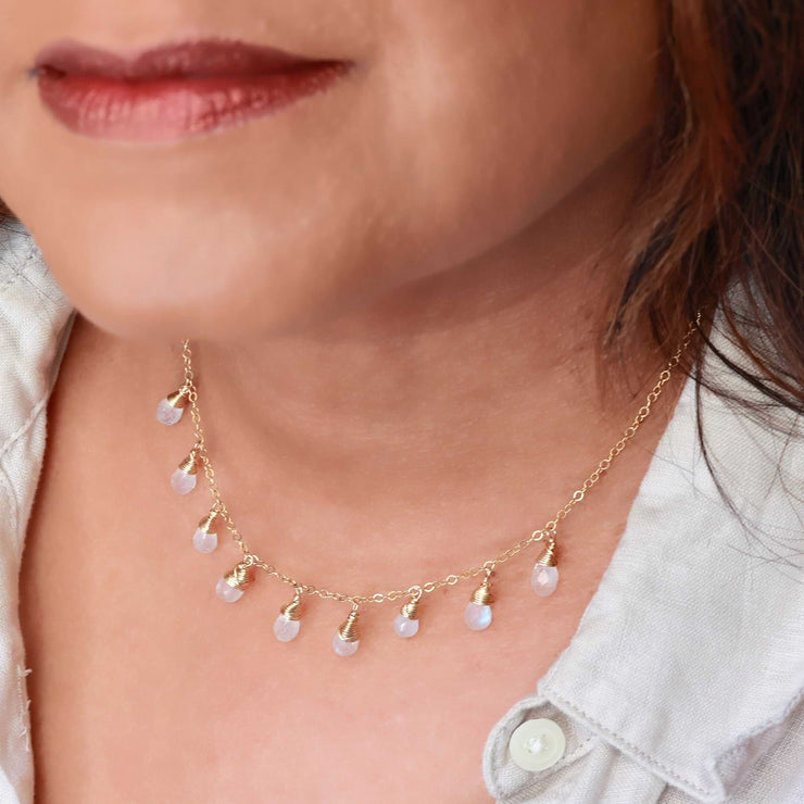Rainy Day - Moonstone Droplets Gold Necklace life style main image | Breathe Autumn Rain Artisan Jewelry