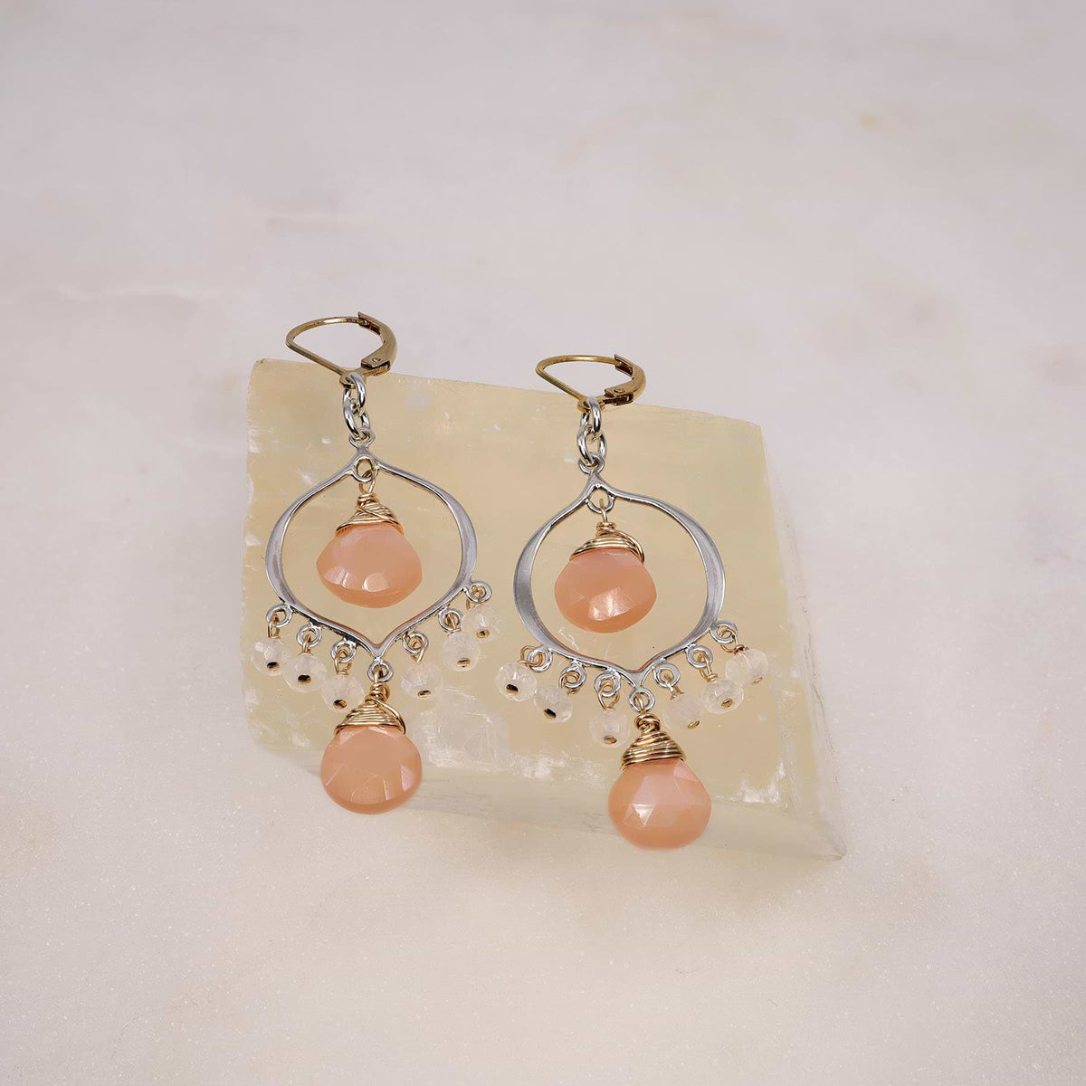Rosebud First Snow - Moonstone Silver Chandelier Earrings - alt2 image | Breathe Autumn Rain Artisan Jewelry