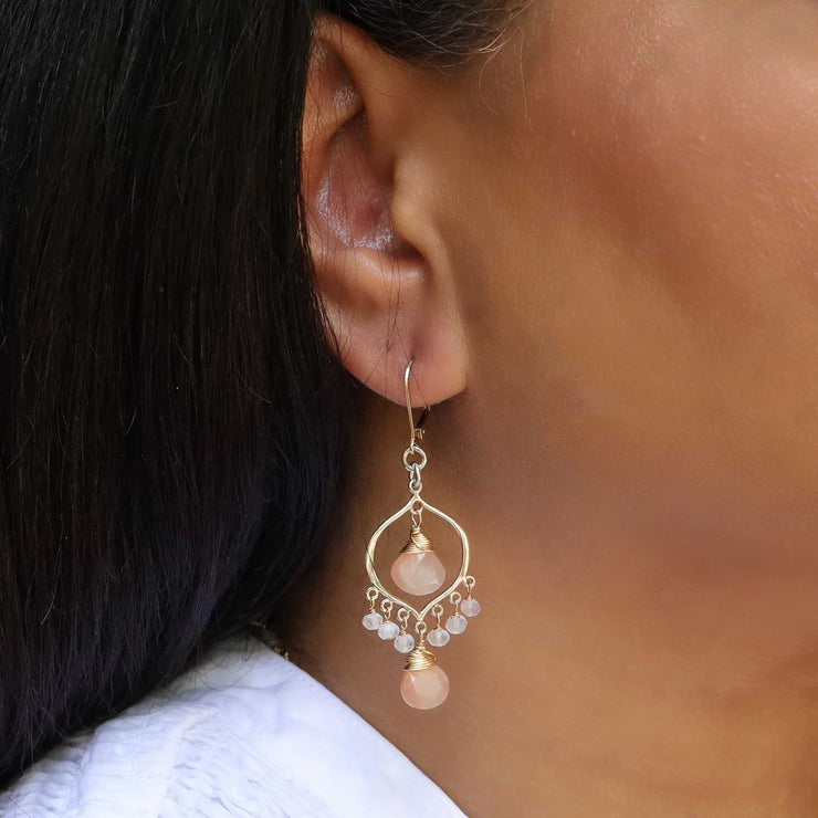 Rosebud First Snow - Moonstone Silver Chandelier Earrings - life style image | Breathe Autumn Rain Artisan Jewelry