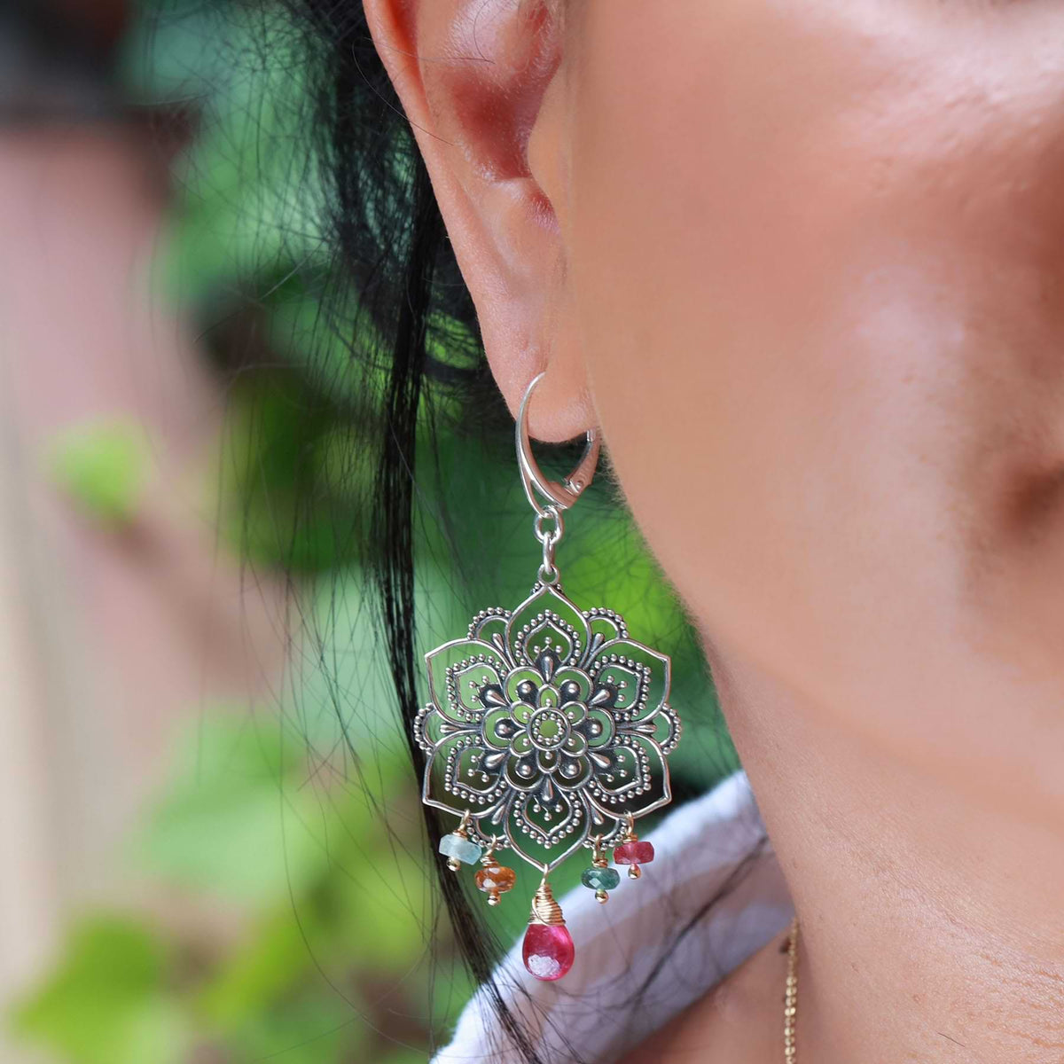 Sacred Lotus Samsara - Tourmaline Sterling Silver Mandala Earrings life style image | Breathe Autumn Rain Artisan Jewelry