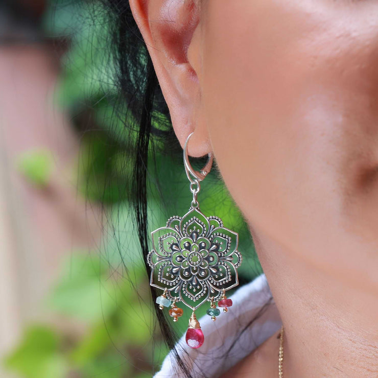 Sacred Lotus Samsara - Tourmaline Sterling Silver Mandala Earrings life style image | Breathe Autumn Rain Artisan Jewelry