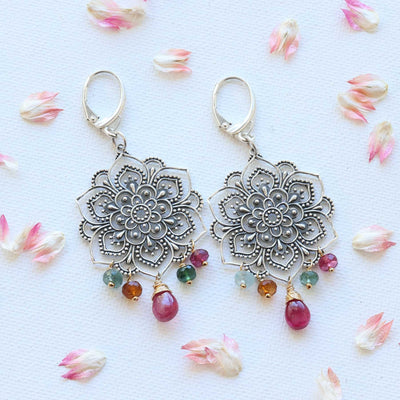 Sacred Lotus Samsara - Tourmaline Sterling Silver Mandala Earrings main image | Breathe Autumn Rain Artisan Jewelry