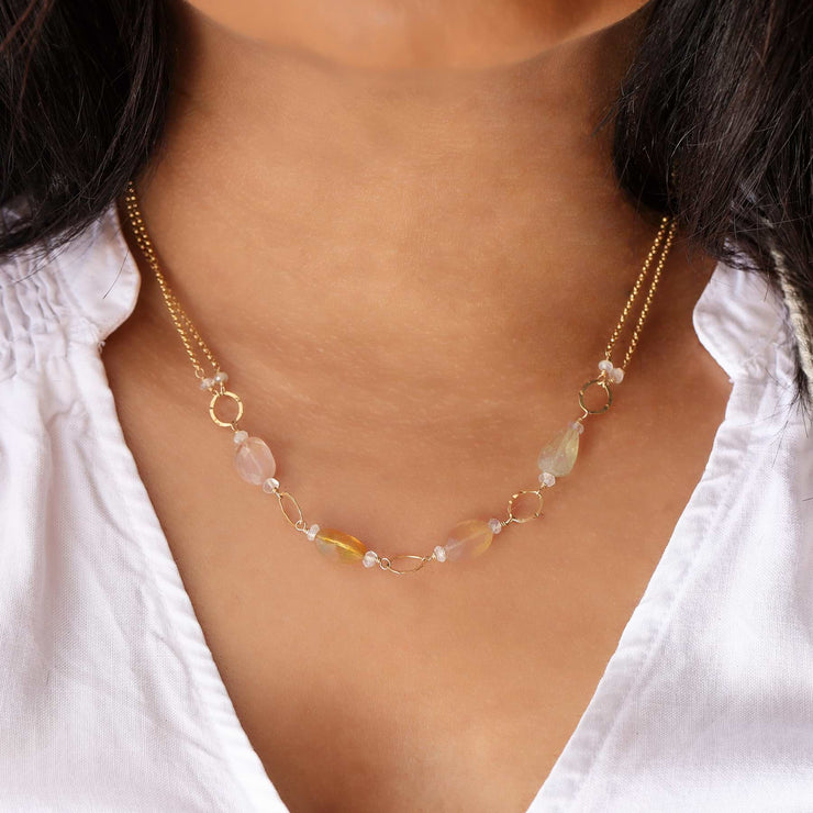 Saffron Rose - Pink Sapphire Necklace life style image | Breathe Autumn Rain Artisan Jewelry
