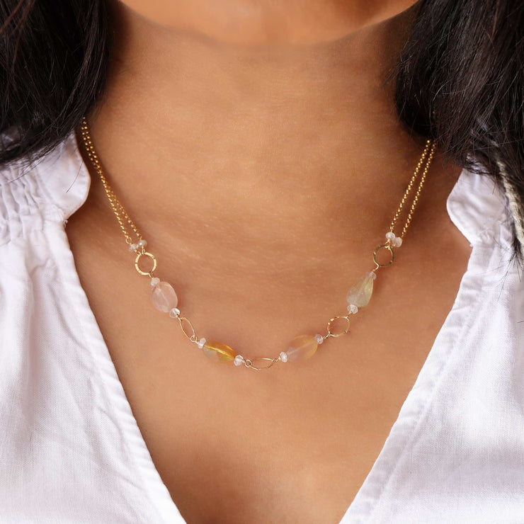 Saffron Rose - Pink Sapphire Necklace life style image | Breathe Autumn Rain Artisan Jewelry