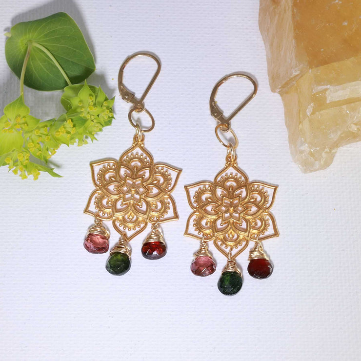 Samsara - Tourmaline Gold Mandala Earrings alt image | Breathe Autumn Rain Artisan Jewelry