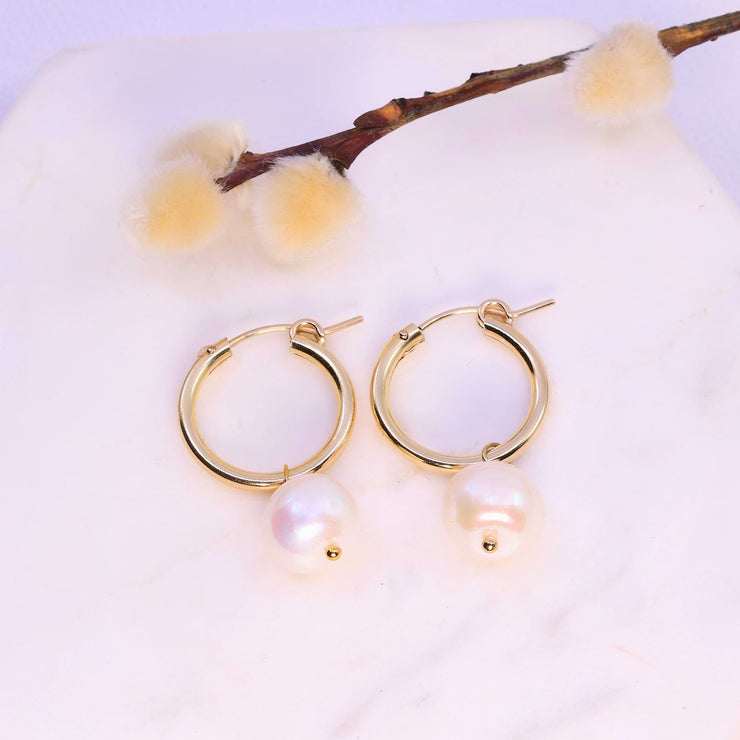 Sea - Mini Gold Hoop Pearl Earrings alt image | Breathe Autumn Rain Artisan Jewelry