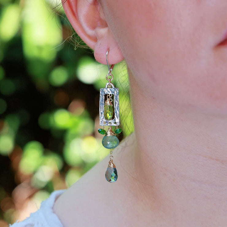 Sequoia - Peridot, Aquamarine, and Quartz Earrings life style image | Breathe Autumn Rain Artisan Jewelry