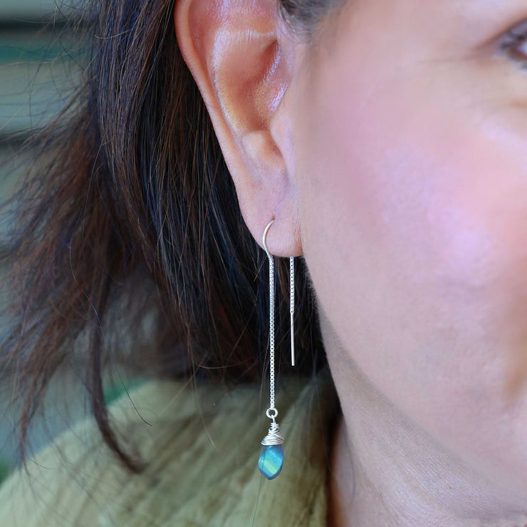 Shadow - Labradorite Sterling Silver Thread Earrings life style image | Breathe Autumn Rain Artisan Jewelry