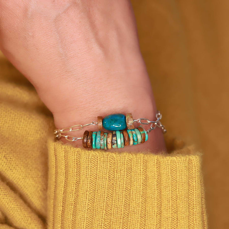 Shiprock - New Mexico Turquoise Silver Stacking Bracelet life style stacking sample image | Breathe Autumn Rain Artisan Jewelry