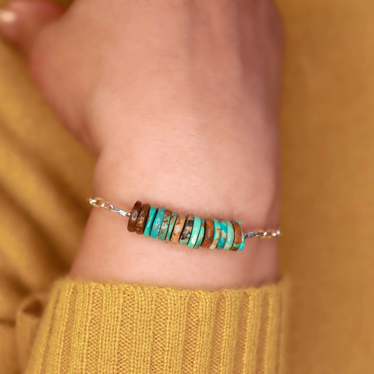 Shiprock - New Mexico Turquoise Silver Stacking Bracelet life style image | Breathe Autumn Rain Artisan Jewelry
