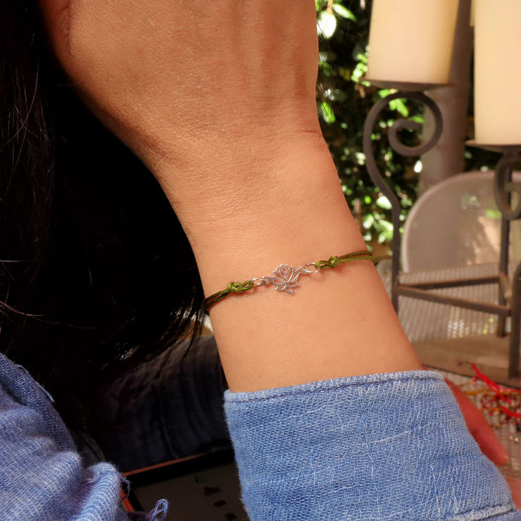 Silver Lotus Blossom Cord Bracelet life style image | Breathe Autumn Rain Artisan Jewelry