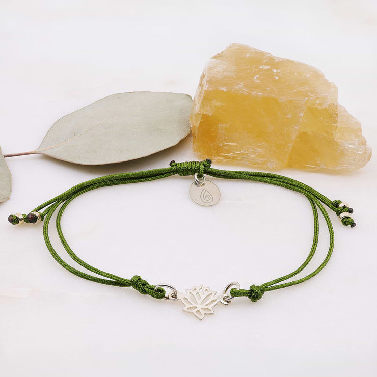 Silver Lotus Blossom Cord Bracelet main image | Breathe Autumn Rain Artisan Jewelry