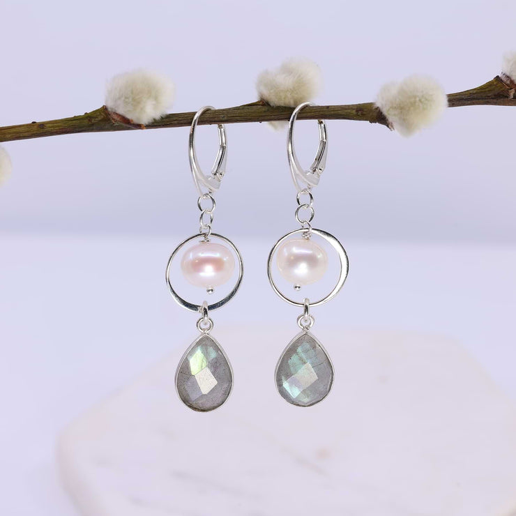 Silverton - Labradorite and Pearl Silver Drop Earrings main image | Breathe Autumn Rain Artisan Jewelry